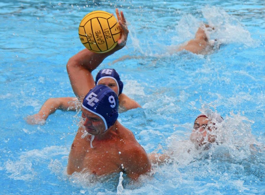 El Camino College Warriors’ Attacker, Cole Allyn, shoots against the Chaffey Panthers during the men’s water polo match at Santa Monica College. Allyn led the Warriors into their final 13-9 win in the conference match with nine goals on Friday, Oct. 22.