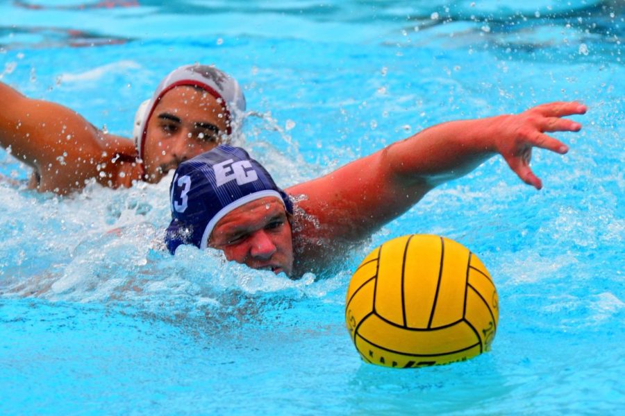 Warriors’ utility, Zackary Johnson tries to retrieve the ball while closely followed by a Chaffey Panthers opponent on Friday, Oct. 22. During their final conference game at the Santa Monica Swim Center Johnson scored a goal that contributed to the Warriors’ win. Photo by Jose Tobar/The Union
