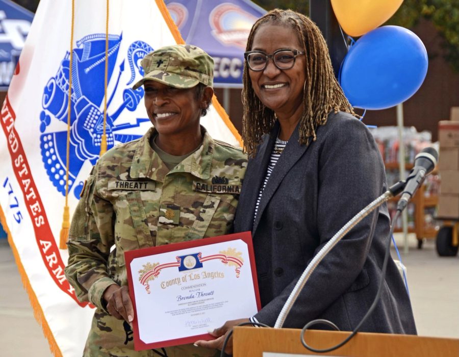 Veterans Services Assistant Director Brenda Threatt Receives a commendation from Los Angeles County Supervisor Holly J. Mitchell during the Veterans and Community Thanksgiving event co-hosted by El Camino College, Supervisor Mitchell’s office and Healing California on Wednesday, Nov. 17 at ECC. “Not only has she made today’s event possible through her steadfast partnership,” Mitchell said acknowledging Threatts work, “She’s also dedicated her life and career to serving veterans here at El Camino College as a military officer for the California State Guard, Executive Director of U.S. Vets Long Beach and the list goes on.” Photo by Jose Tobar/The Union