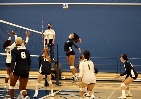 Freshman OH Brea Rutledge attacks during a South Coast Conference matchup against Cerritos at the Cerritos College gymnasium on Nov. 3. El Camino defeated Cerritos 3-2 (24-26, 25-20, 20-25, 25-19, 15-13), and will face East Los Angeles for another conference showdown on Nov. 6.