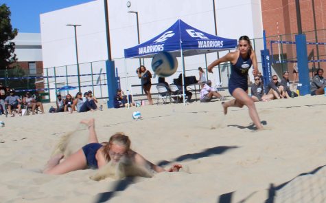 A Fullerton College player dives into the sand in an attempt to defend against a "kill" - a move to tip or slam the ball over the net - in a women&squot;s beach volleyball match against El Camino College on Friday, Feb. 25 in Torrance, Calif. ECC swept their matches against both Fullerton and Golden West, 5-0. Photo by Kim McGill / The Union.