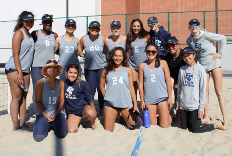 El Camino College's women's beach volleyball team celebrates their powerful 5-0 victories against both Fullerton College and Golden West on Feb. 25 in Torrance, Calif. ECC plays Santa Ana next on Thursday, March 3. Photo by Kim McGill / The Union.