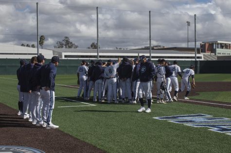 El Camino College(Warriors) baseball team during pre game ceremony to play against Long Beach City College(Vikings) at the El Camino Baseball Field. El Camino was defeated by LBCC 5-2 on Feb 22, 2022. ELCO will play against LBCC again on Feb 24, 2022 this time in Long Beach. Photo by Vitor Fernandez/The Union.
