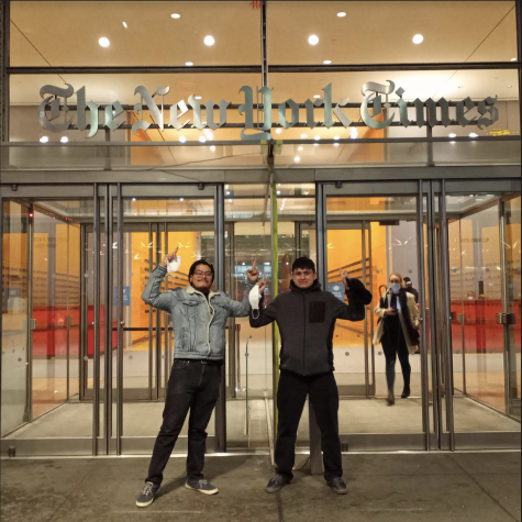 Delfino Camacho (right) and his fellow classmate/student editor Nicholas Broadhead (left) pose in front of the New York Times headquarters in New York City during some off-time spent exploring the city while attending the College Media Association conference on Wednesday, March 9, 2022. Photo by Delfino Camacho | The Union