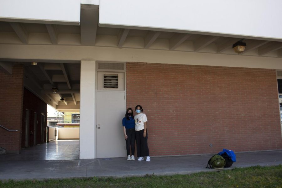 Associated Student Organization members Andrea Fernandez Cruz, 19, and Fine Tuitupou, 20, stand in front of what will be the future site of the Social Justice Center at ECC on Feb. 28, 2022. The Social Justice Center is not due to open until fall 2022. Photo by Delfino Camacho/The Union.