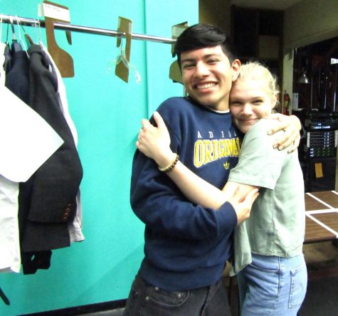 Eric Lazaro (R), is a friend of Olivia Curry (L) sharing a hug and smiles backstage next to the costume section where the actors have a quick costume change. For the Spring Awakening Musical. The Center of Arts at El Camino performing their great ending of the show. At the Campus Theatre on Sunday, March 20.(Sharlisa Shabazz/ The Union)