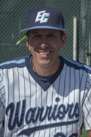 El Camino Warriors head coach Nate Fernley headshot. Coach was setting up the bat order for the game against Rio Hondo on March 10, 2022 at the El Camino Baseball Field, Torrance CA. Photo by Vitor Fernandez.