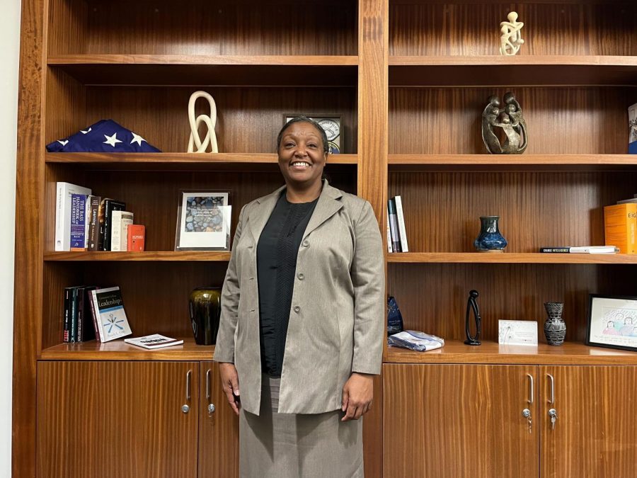 El Camino College President Brenda Thames stands in her office after an interview with The Union. Thames became El Camino Colleges first black, female president in July 2021 after Dena Maloney retired. Photo by Elizabeth Basile/The Union, Nov. 22.