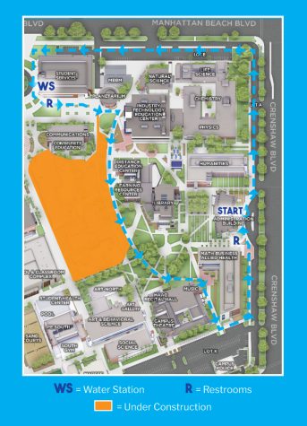 A screenshot of a map of the Unity Walk route provided on the official El Camino College website. The roughly one-mile walk will begin at the administration building, follow Crenshaw Boulevard, turn left on Manhattan Beach Boulevard before cutting through the school and ending where it began. Screenshot by Delfino Camacho | The Union