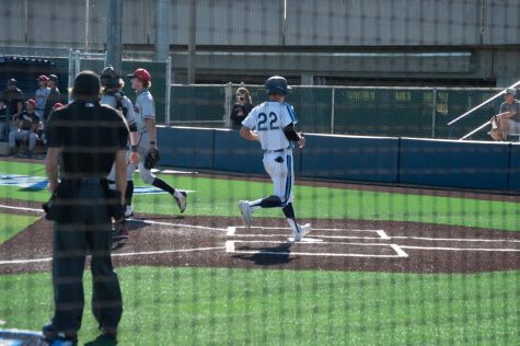 El Camino College Warrior third baseman Theo Forshey scores a run against the Santa Barbara City College Vaqueros on Tuesday, March 1, 2022 at Warrior Field. Forshey finished the game with 4 AB's (at_bats), one hit, and one run in the 8-2 win over the Vaqueros.