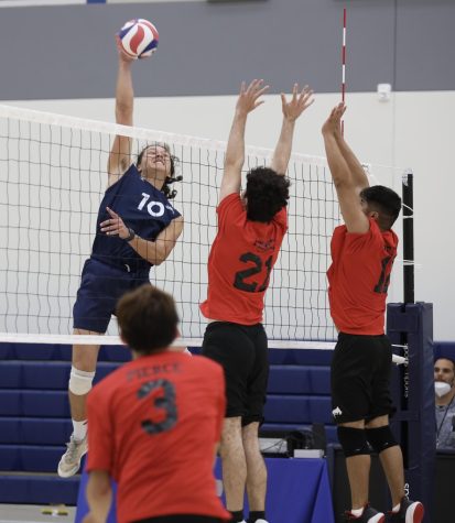 Freshman OH Andrew White attacks from the left side during a game against L.A. Pierce at the El Camino gymnasium on Friday, April 1. White recorded 12 kills in the Western State Conference victory (25-14, 25-6, 25-20). El Camino will be on the road on Wednesday, April 6 to face Long Beach City College.