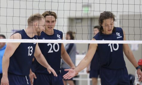 (From L-R) Spencer Isley, Vladimir Kubr, and Andrew White praise each other before a serve at the El Camino gymnasium on Friday, April 1. The Warriors defeated L.A. Pierce 3-0 (25-14, 25-6, 25-20). El Camino will be on the road on Wednesday, April 6 to face Long Beach City College for a conference matchup.