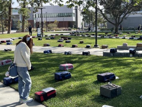 The Send Silence Packing exhibition displays numerous backpacks across Library Lawn with photos and stories of individuals who have taken their lives and have survived suicide attempts. (Ethan Cohen | The Union)