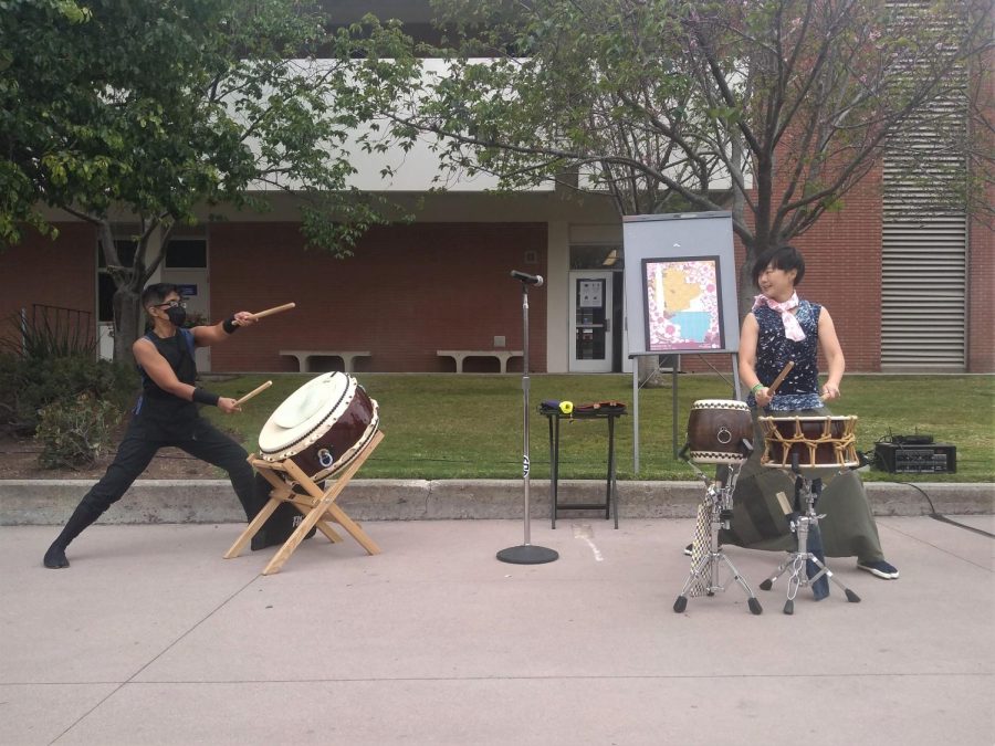 Mujō Dream Flight, a Taiko group, performing at the start of the Cherry Blossom Festival at El Camino College Student Services on March 31. (Charlie Chen | The Union)