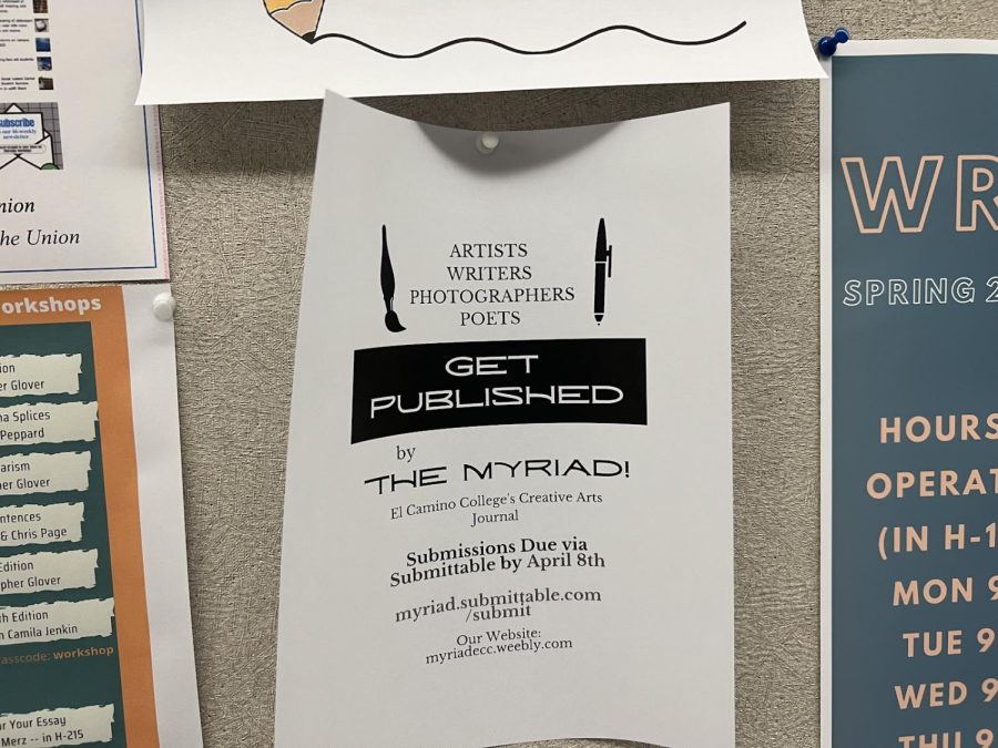 A Myriad flier is attached to a bulletin board in the Humanities Building, promoting various organizations and clubs at El Camino College. (Safia Ahmed | The Union)