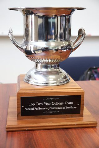 The National Parliamentary Tournament trophy won by El Camino College in 2022. The ECC forensics team has won this award every year since 2017 in a tournament where debate teams of 2 students qualify as one of the top 60 debate teams.