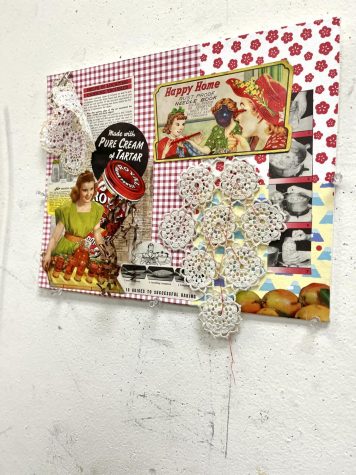 An artwork created Marcus Rodriguez including magazine clippings, lace trimmings and patterned paper that reminds him of tablecloth and themes of domestic life taken on May 2. (Maureen Linzaga | Warrior Life)