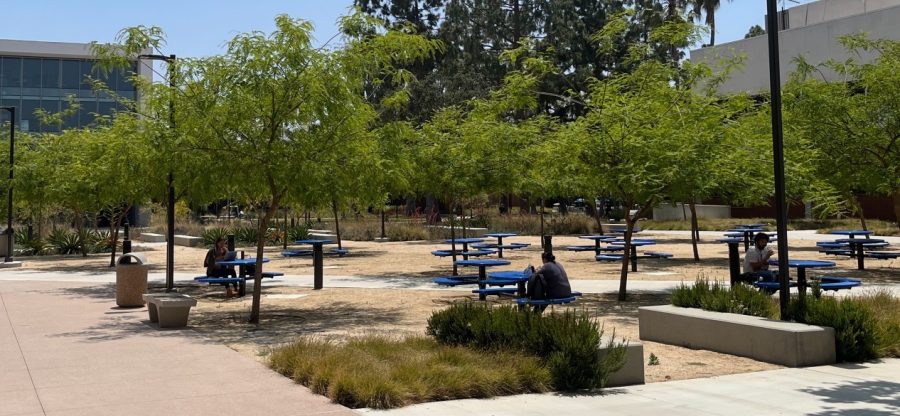 Students get some fresh air at the tables outside of the administration building at El Camino on Wednesday, May 25. More students could utilize these tables with El Camino planning to have 50% of classes in person during the fall 2022 semester. (Sebastian Lipstein | The Union)