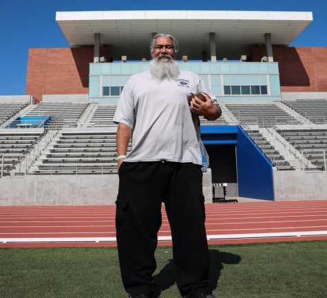 El Camino football coach Kenneth Talanoa at Featherstone Field at the El Camino College campus in Torrance on Monday, May 16. Talanoa will be entering his 21st season as the defensive line coach. He has been a part of Warrior football not only as a coach, but also played for the late John Featherstone in the early 90s. Additionally, he was inducted into the El Camino football Hall of Fame and named to the 1990s All-Decade team. (Greg Fontanilla | Warrior Life)