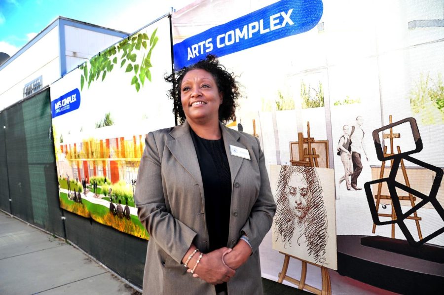 El Camino College President Brenda Thames pauses the construction site of the future Arts Complex Building at campus on April 21. 
Brenda will have served one year as president in July. (Gary Kohatsu | Warrior Life)