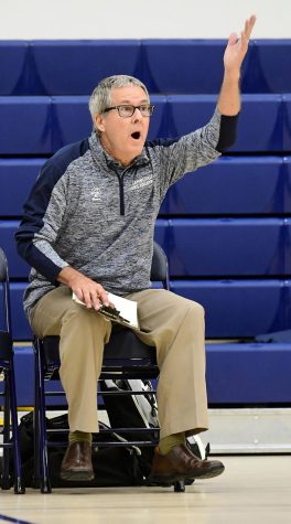 El Camino College men&squot;s volleyball Head Coach Richard "Dick" Blount reacts to a referee call during the March 11, 2022, match against the Long Beach City College Vikings at ECC. The Warriors upset the No. 2-ranked Vikings to improve their conference record to 4-1 and 7-4 overall. Dick has been the head coach since 2001. (Gary Kohatsu | Warrior Life)