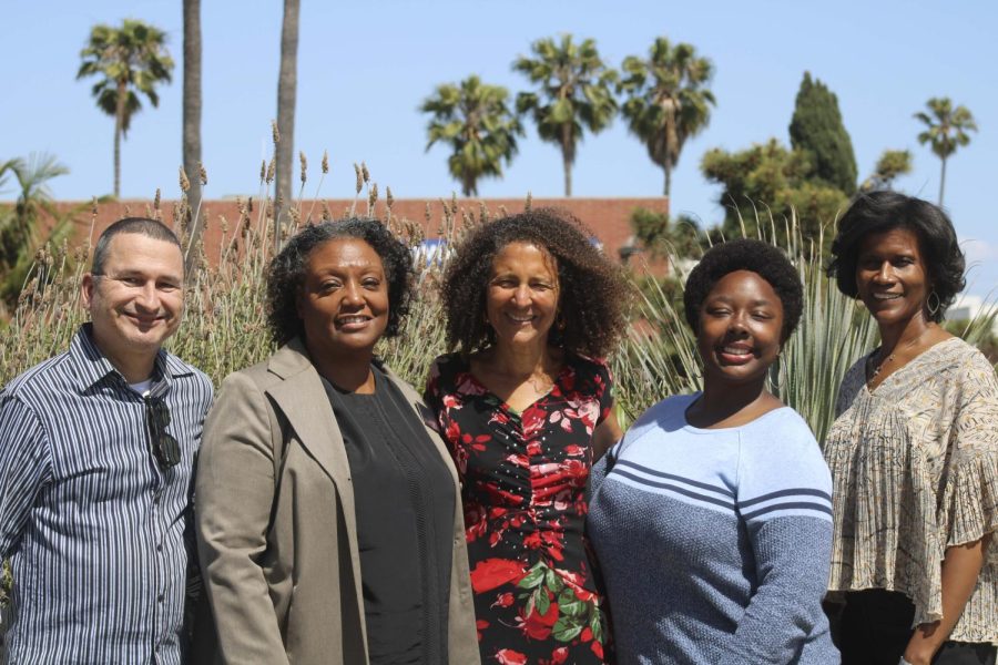 (L-R) Board of Trustees President Nilo Vega Michelin, Superintendent/President Brenda Thames, Author/Historian Alison Rose Jefferson, studio arts major Valerie Varnado, 27, and Library and Learning Resources/Event Coordinator Linda Cooks gather after a lecture on “The History We Stand On: Re-inserting the African American Experience into the South Bay History of Los Angeles County” at El Camino College on Thursday, April 21. (Elsa Rosales | The Union)