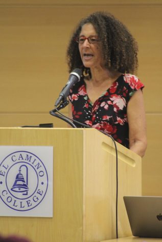 Author/historian Alison Rose Jefferson lectures on "The History We Stand On: Re-inserting the African American Experience into the South Bay History of Los Angeles County" at El Camino College on Thursday, April 21, 2022. Jefferson is the author of "Living the California Dream: African American Leisure Sites during the Jim Crow Era." (Elsa Rosales | The Union)