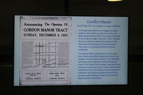 A slide of an advertisement in the California Eagle newspaper from Friday, Dec. 4, 1925, announcing the opening of the Gordon Manor Tract, was presented during "The History We Stand On: Re-inserting the African American Experience into the South Bay History of Los Angeles County" at El Camino College on Thursday, April 21, 2022. The California Eagle was the most widely circulated newspaper providing information to the African American community. (Elsa Rosales | The Union)