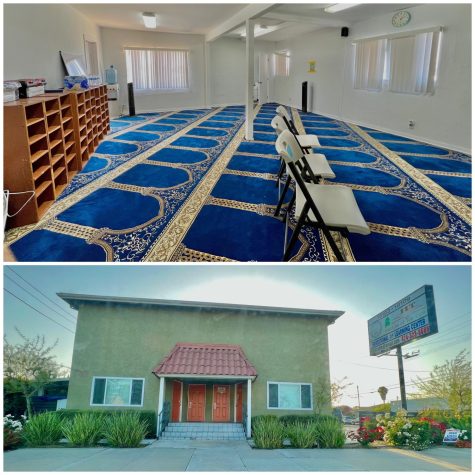 Islamic Institute of Torrance has prayer areas designed for each gender. The men's prayer room is located downstairs and the women's prayer room is located upstairs. The outdoor and indoor views of the masjid are seen on Saturday, April 30. (Safia Ahmed | Warrior Life)