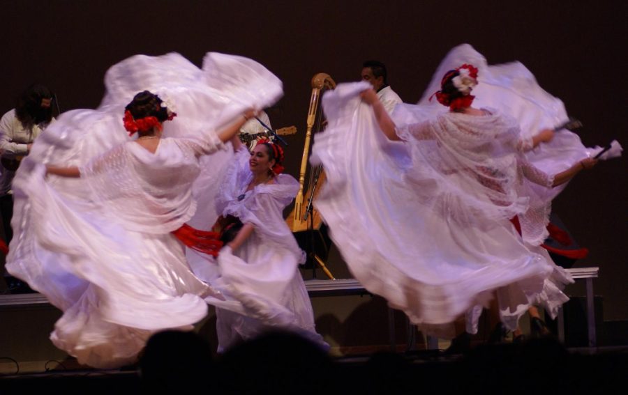 Dancers from Nuestras Raices group perform a jarocho song from Veracruz, Mexico, closing a week of events for A Celebration of Chicano Culture 2022, at the Marsee auditorium, in Torrance, Calif., on Wed. May 18, 2022. (Alexis Ponce/The Union)
