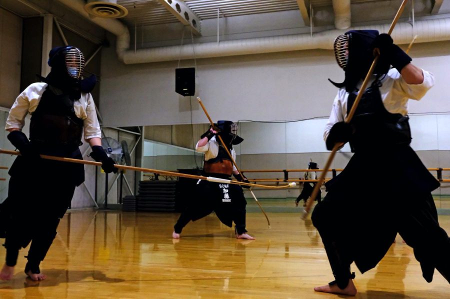 Members of the Torrance Naginata Club perform ji-geiko, a free sparring practice at the Torrance Cultural Arts Center on Thursday, Oct. 21, 2021. (Jose Tobar | Warrior Life)