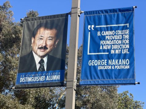 A banner of George Nakano, husband of Helen Nakano, hangs in front of Schauerman Library at El Camino College. George is a former California State Assemblyman, former Torrance City Councilman, former ECC Foundation director and ECC alumnus. (Safia Ahmed | Warrior Life)