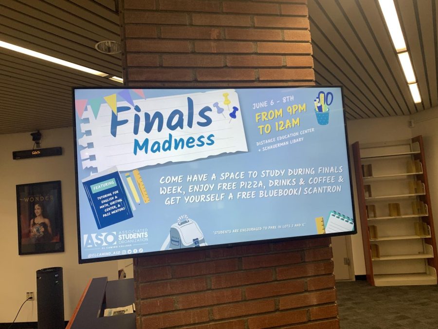 Electronic flyer of Finals Madness Event, posted on the first floor in the Library near the front desk, June 2, 2022. There are multiple electronic flyers around the library and in other indoor buildings around campus.