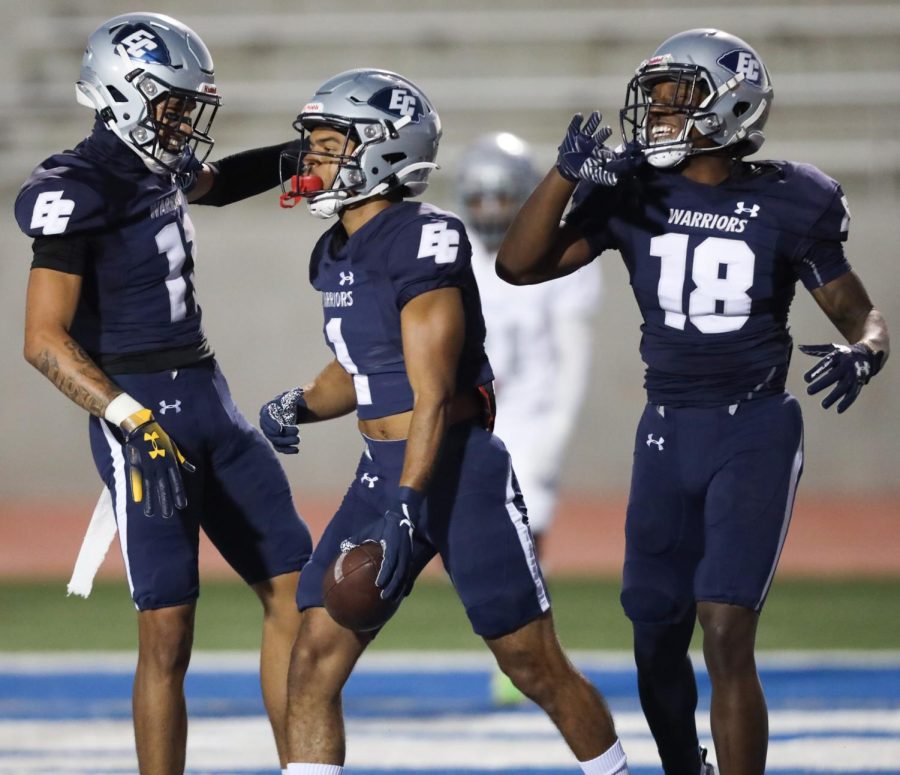 From left to right: El Caminos Joshua Lorick (11), Marceese Yetts (1), and Bray Weems (18) celebrate a touchdown at Featherstone Field in Torrance during the 2nd quarter in a non-conference game against San Bernardino Valley on Saturday, Sept. 24. El Camino defeated San Bernardino 52-18, and will play on the road against Fullerton on Saturday, Oct. 1 at Fullerton District Stadium at 6 p.m. (Greg Fontanilla | The Union)