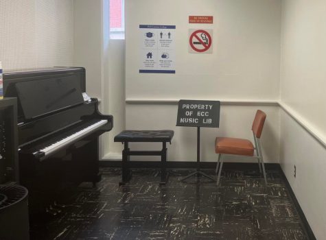 One of the piano practice rooms available for students in the music library, the stamped music stand leaves no doubt that the equipment belong to El Camino College. Photo taken Sept. 7. 
(Delfino Camacho | The Union)