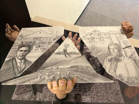 Mixed media art piece entitled "Our Land" created by student artist Marjorie Jackson, Miriam Mercado and Jesse Miranda. The piece is on display at the El Camino library as part of the History We Stand On exhibit, taken on Sept. 16. (Delfino Camacho | The Union)