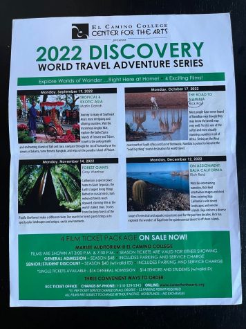 A photograph of a flyer advertising the 2002 Discovery World Travel Adventure Series taken on Sept. 16. The flyers are readily available in the Marsee Auditorium.
(Delfino Camacho | The Union)