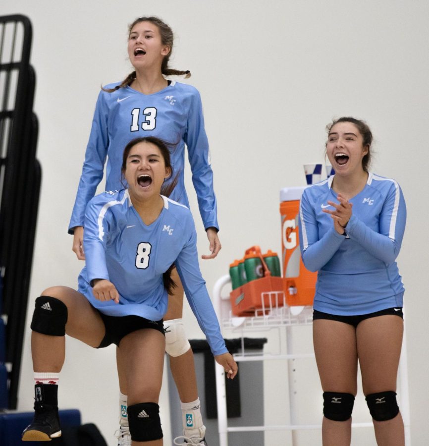 The Moorpark College Raiders jump up in celebration of another point won against the El Camino College Warriors on Wednesday, Aug. 31 at the ECC Gym Complex. The Raiders dominated in three of the four sets played against the Warriors taking the match win. (Ethan Cohen | The Union)