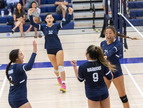 The El Camino Warriors celebrate their first match victory of the season over the Pasadena City College Lancers at the ECC Gym Complex on Friday, Sept. 16. After going 0-7, the Warriors came out hot with a win in their first conference match of the season. (Ethan Cohen | The Union)