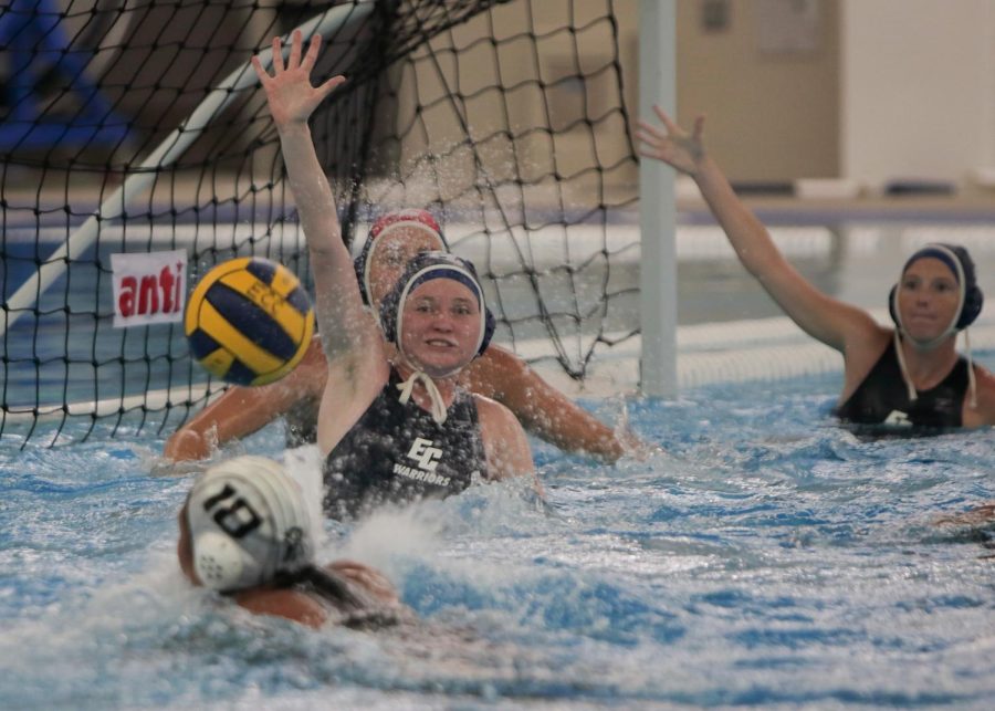 An El Camino defender blocks a shot made by Joslyn Larson (bottom) at the home game against Rio Hondo on Sept. 28. The Warriors beat the Roadrunners 13-6 and will play Mt. San Antonio on Oct. 5 at home. (Raphael Richardson | The Union)