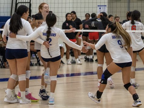 El Camino Warriors rejoice after winning the third and final set 26-24 against the Long Beach Vikings on Oct. 5. The Warriors are now 4-1 in conference play, and will look to extend their win streak against Rio Hondo on Friday, Oct. 7 at home at 6 p.m. (Ash Hallas | The Union)
