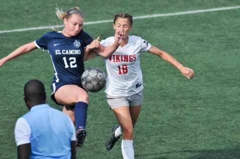 Warriors forward, Mia Hogentogler kicks the ball away from an opponent, during their 3-0 loss against the Vikings on Tue. Oct. 12. The Warriors head to LA Harbor on Fri. Oct. 14, to face off against their close rival. (Will Renfroe | The Union)