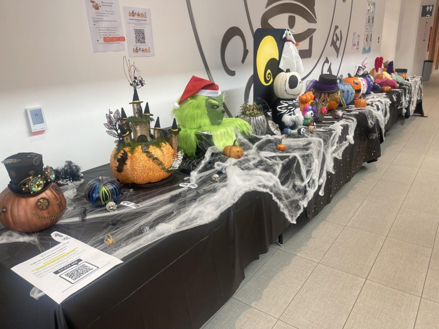 Decorated pumpkins showcased in the Student Services Building at El Camino College on Monday, Oct. 31. The Veterans Service Program hosted the contest and chose three winners along with a presidents choice. (Khallid Muhsin | The Union)