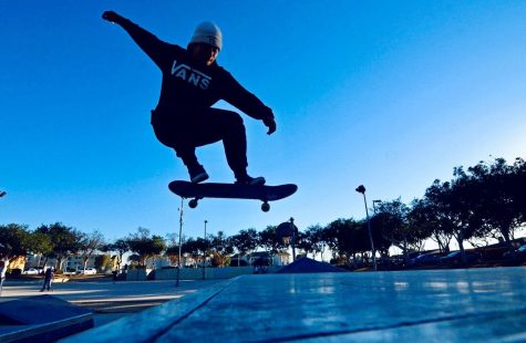 Local skater, Damian Turcios, 19, Kickflips up the Euro-Gap at the Marc Johnson Skate Plaza in Gardena on November 27, 2021. The skatepark is located two miles from El Camino College. (Jose Tobar | Warrior Life)