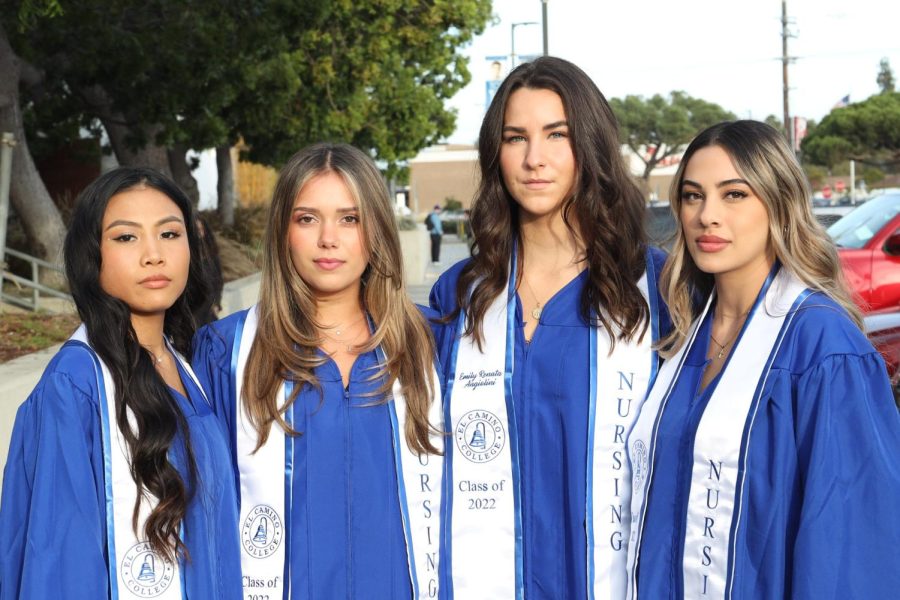 From L-R: Stacy Estabillo, Somer Boyd, Emily Angiolini, and Juliana Alba before the School of Nursings Pinning Ceremony at El Camino Colleges Campus Theatre on Monday, Dec. 5. (Greg Fontanilla | The Union)