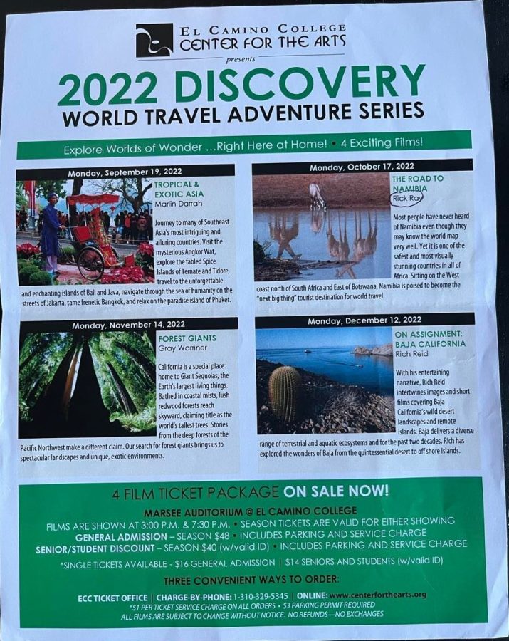 A photograph of the Center for the Arts flyer advertising the 2022 Discovery World Travel Adventure Series taken on Sept. 16. The informational flyers are available in Marsee Auditorium. (Delfino Camacho | The Union)