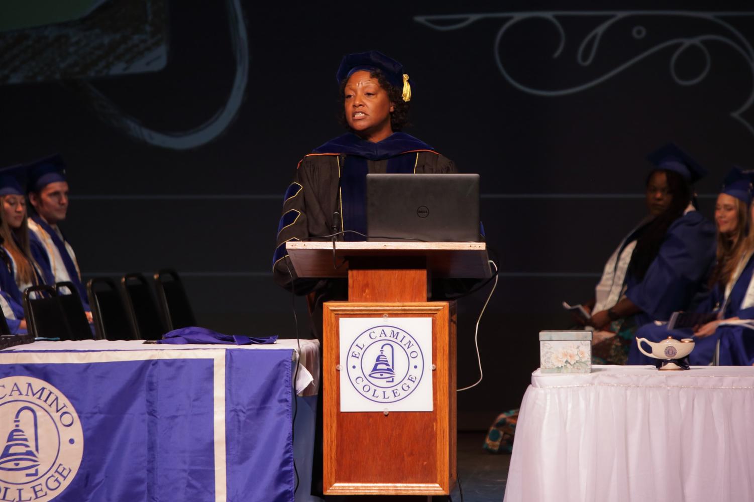 President and Superintendent Brenda Thames speaks to attendees at a pinning ceremony for nursing program graduates in the Campus Theatre, on Monday, Dec. 5. Thames said she acknowledges the perseverance of the fall 2022 fourth semester cohort as they faced several challenges during the semester. (Raphael Richardson | The Union)