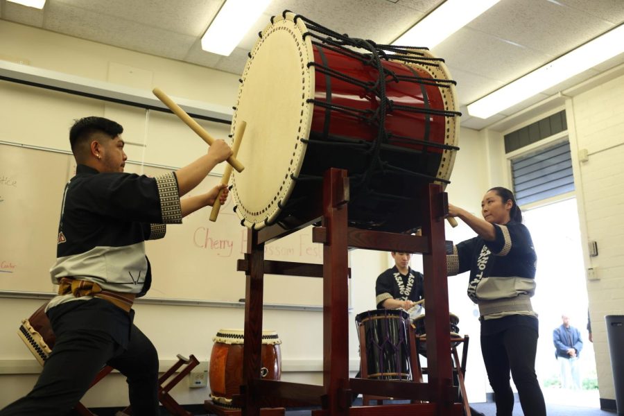 Members from Asano Taikos UnitOne play the odaiko, a large drum, during the 23rd Annual Cherry Blossom Festival at the Social Justice Center on March 15. (Raphael Richardson | The Union)