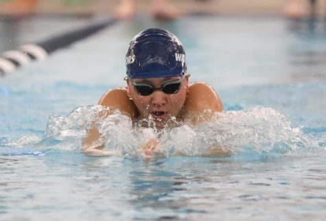El Camino's Mia Park during the women's 200-yard individual medley at the ECC Aquatics Center on Friday, March 24. Park took first place finishes in the 1000-yard freestyle, 200-yard backstroke, 200-yard individual medley, and 400-yard free relay which included Angelina Norris, Diana Nguyen, and Melissa Brill. (Greg Fontanilla | The Union)