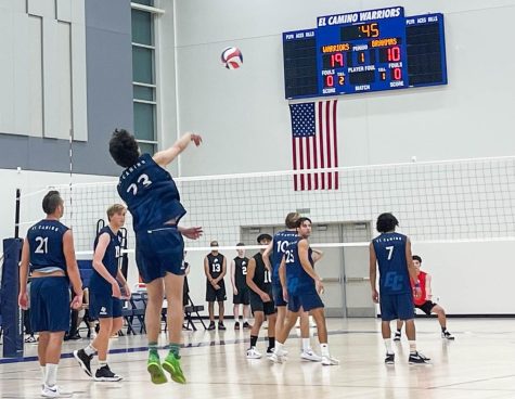 Warriors middle blocker Kasra Alipour serves the ball to the Brahmas during the conference opener match on Wednesday, March 1 at the ECC Gym Complex. El Camino defeated Pierce College for its third win 3-1. (Jesse Chan | The Union)